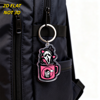 Porte-clés en acrylique Scream Ghost in Pink Mug, design Horreur-Mignon avec icônes Cœurs et Couteau, bordure transparente et anneau métallique
