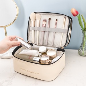 Double Layer Cosmetic Bag Solid Color Pu Transparent Toiletry Bag Large Capacity Waterproof Travel <b>Makeup</b> Storage <b>Case</b> - Product Image 3