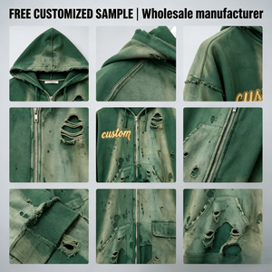 Felpa con Cappuccio da Uomo Personalizzata Y2K con Zip, Effetto Acid Wash e <span class=keywords><strong>Spider</strong></span> Distressed, Stile Vintage Strappato Streetwear con Logo Ricamato, ODM/OEM - Product Image 2