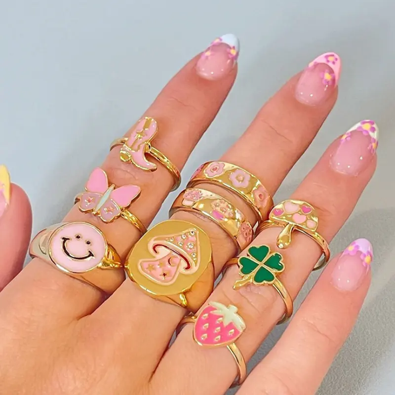 Korean Smiley Heart Flower Accessories Metal Star Butterfly Harajuku Vintage Letter Rings Y2k Jewelry