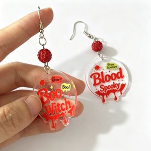 Boucles d'oreilles pendantes en acrylique avec lettres effet sang coulant pour Halloween, motif rond 'Boo' et texte effrayant, bijoux de fête gothiques - Product Image 3