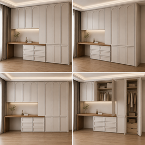 Armoire moderne à panneaux arqués avec bureau intégré et étagères ouvertes, certifiée FSC, meubles de chambre tout-<span class=keywords><strong>en</strong></span>-un - Product Image 3