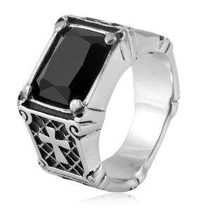 yunnique Men's <b>Titanium</b> Steel Cross <b>Ring</b> Black Stone Square Bezel Setting Punk Style Fashion Jewelry Gift - Product Image 1