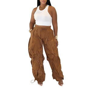 Women's Stylish High Waist Cord Locks Baggy Lantern Slacks Pants Ruched Details Elastic Waist Casual <strong>Harem</strong> <strong>Trousers</strong> - Product Image 2