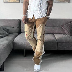 Streetwear Mens Jogger Pants Sweatpants Patchwork Trousers Custom Paint Splatter <b>Raw</b> Edge Hem Flare Pants for Men - Product Image 1