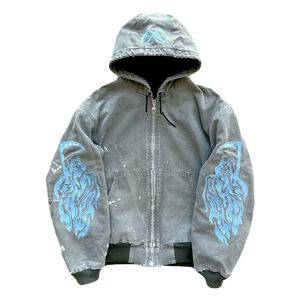 جاكيت جينز مخصص بغطاء للرأس وسحاب، بغسيل حمضي، فضفاض، من قماش القطن، ملابس الشارع، طراز قديم، للشتاء، مطبوع، طويل، سترة عمل - Product Image 5