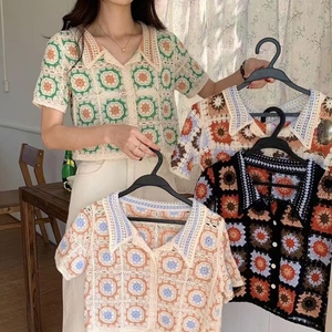 Cárdigan de punto vintage con cordones y manga corta para mujer, top corto con cuello en contraste, a la moda - Product Image 6