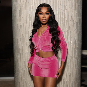 Nuova giacca corta e minigonna <span class=keywords><strong>in</strong></span> <span class=keywords><strong>velluto</strong></span> con 2 pezzi da <span class=keywords><strong>donna</strong></span> con cappuccio con tasca Zip e minigonna abbinati a due pezzi Casual - Product Image 5