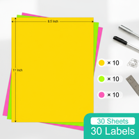 Kertas Stiker Fluorescent Cetak Grosir, 8.5x11 inci Label Perekat Inkjet Laser 30 Lembar Warna Campuran Stiker Bisnis