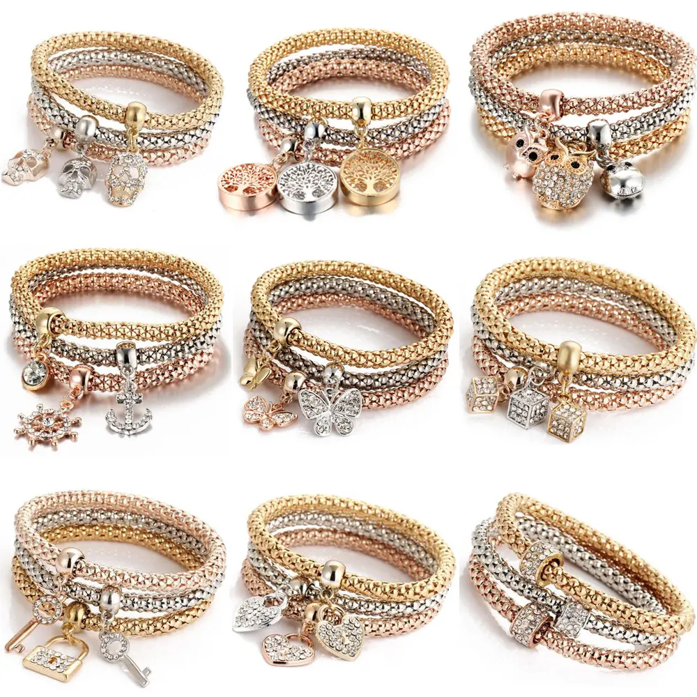 3 Pcs Crystal Butterfly Popcorn Elastic Bracelets Set Heart Lock Charm Bracelet for Women