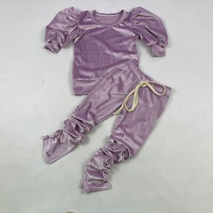 Ensemble de jogging pour fille adolescente LZ 2-12 ans, ensemble de tenues en coton uni, haut à manches longues bouffantes + leggings empilés, vêtements pour enfants, ensemble de pantalon pour tout-petits - Product Image 6