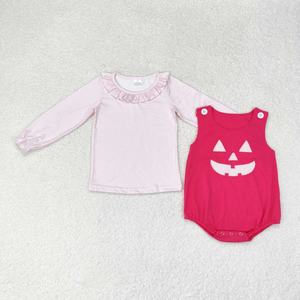 Conjunto de 2 piezas de camisa de manga larga con aplique de cara de calabaza de Halloween y pelele para bebés (niñas y niños), en algodón rosa y azul, al por mayor - Product Image 3