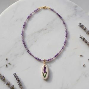 Collar de cuentas redondas acrílicas de lavanda, collar de cuentas de piedra natural morada, collar con colgante chapado en oro para mujer, regalo - Product Image 3