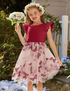 Abito da ragazza vino rosso manica volante Tutu ricamato a farfalla gonne per bambini natale festa di compleanno estate abito da principessa - Product Image 1