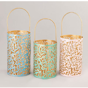 Turquoise Metal Lantern <b>Set</b> Of 3 Round With Gold Accents And Handle - Product Image 4