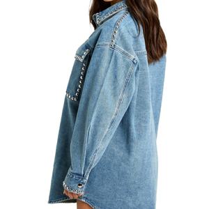 เดรสยีนส์สไตล์คาวบอยลำลองสำหรับผู้หญิง รุ่นใหม่ล่าสุด ทรงโอเวอร์ไซส์ ติดกระดุมด้านหน้า แขนยาว ประดับหมุด แต่งยีนส์สั้น - Product Image 2