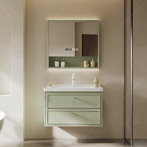 Meuble de salle de bain vert simplifié avec miroir en verre alvéolé, vasque blanche et corps de meuble suspendu - Product Image 2