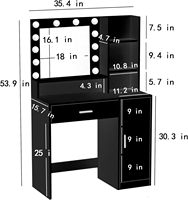 Table de toilette pratique noire/blanche avec grand tiroir et rangement à trois niveaux, coiffeuse avec miroir et lumière LED réglable