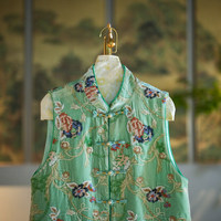 Gilet original pour femme, fait main, à sequins, simple boutonnage, col montant, en velours de soie, nouveau style chinois, vert, 5324