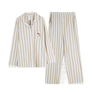 PJ-1464 Women's Striped Long Sleeve Pajama <b>Set</b> <b>Linen</b> Stripes Soft Woven Casual Sleepwear - Product Image 5
