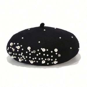 Bérets d'hiver en velours gris 100 % laine, luxueux, tendance, style américain, écologiques, décorés de perles, pour femmes, décontractés ou de soirée - Product Image 3