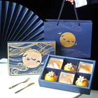 Boîte à Gâteaux de Lune de Luxe Bleu Foncé Personnalisée avec Logo Imprimé, 6 Compartiments, Coffret Cadeau Pâtissier avec Sac en Papier, Vente en Gros