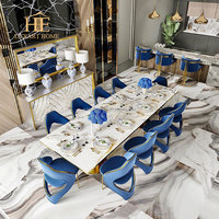 Table à manger extensible en bois massif de luxe de designer italien, pieds en métal, plateau en marbre noir pour 10 chaises, salle à manger moderne de villa