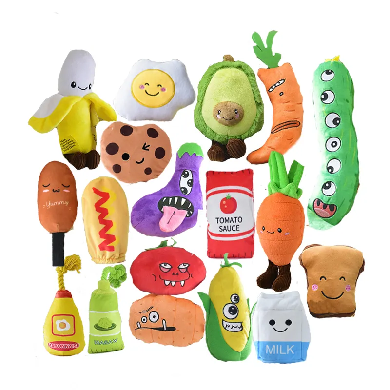 Personnalisé mignon animal de compagnie en peluche multi légumes fruits chiens chats en peluche jouets grinçants pour petit chien moyen