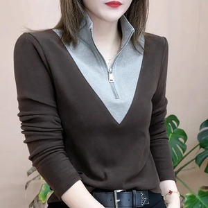 Women's <b>Long</b> <b>Sleeve</b> Zipper Stand Collar Splicing Warm <b>Base</b> <b>Layer</b> Top Coffee Color Slim Fit Autumn Winter Wear - Product Image 1