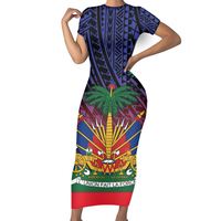 Robe Moulante Femmes D'été Plus La Taille Robes Décontractées Polynésien Tribal Hibiscus Avec Haïti Drapeau Polyester Tissu pour Robe 3D