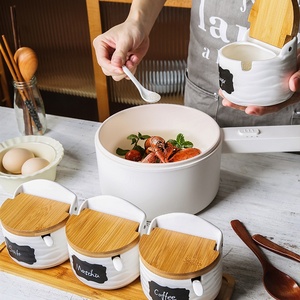 Juego de recipientes para condimentos de cocina, con tapas abatibles de cerámica, tarro de sal, botella para especias, tapas de madera de bambú, vajilla personalizable - Product Image 3