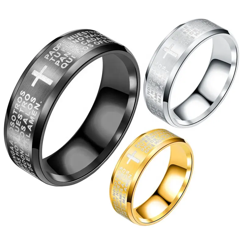 Trendy Simple Scripture Rings Jewelry Gift Charming Text Titanium Stainless Steel Ring With Cross Religious Jesus Men Women Ring