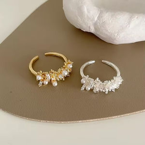 2025 Fashionable Trend Geometric Irregular Metal Open <b>Ring</b> Sparkling Silver Gold Cubic Zirconia Pearl <b>Ring</b> Gifts for Women - Product Image 2