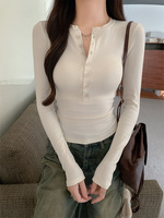 Kaus lengan panjang wanita, kaus blus lengan panjang, poliester spandeks, kancing, kasual, nyaman, Y2K