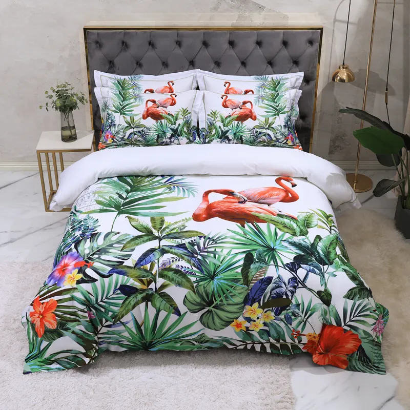 Luxury satin Egyptian cotton digital printing quilt cover white flamingo bed sheets home textile bedding set manufacturer