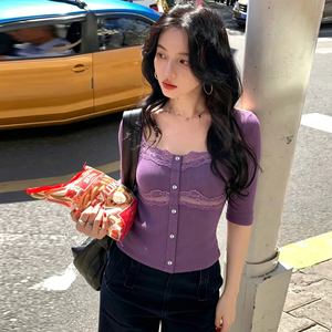 Top de punto con cuello redondo y retazos de encaje morado, manga 3/4, ajuste ceñido en la cintura, estilo francés, sexy y favorecedor, camiseta de manga larga. - Product Image 3