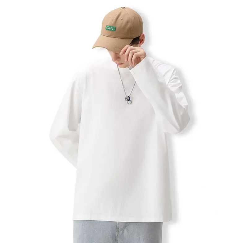 T-shirt blanc uni à manches longues pour hommes, Style décontracté, tissu en coton lourd, prêt à être expédié
