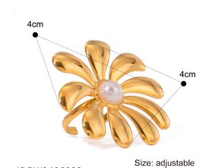 מותאם אישית זהב 18K מצופה זהב 18 קראט פרחים קשת פנינים טבעות מתכווננות נשים - Product Image 6