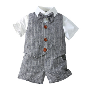 Ensemble 3 pièces pour bébé garçon : costume de gentleman avec nœud papillon, chemise blanche, <span class=keywords><strong>gilet</strong></span> et pantalon rayé – Tenue de cérémonie pour anniversaire, mariage, fête d'enfants - Product Image 3
