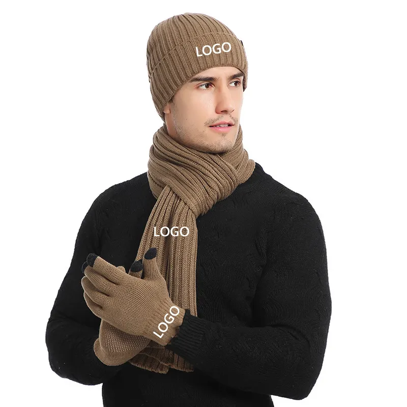 Custom logo winter soft warm suit knitted thicken beanie hat scarf touch screen gloves sets