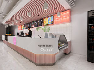 ตู้ไม้ด้านหน้าร้านชานมร้านกาแฟดีไซน์เคาน์เตอร์คาเฟ่บาร์สีชมพูของตกแต่งร้านกาแฟ - Product Image 3