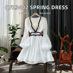 Vestido Boho de Gasa Blanca con Cuello en V Profundo, Manga Abullonada, Corte Holgado, Detalles en Contraste, Ropa Casual de Verano - Product Image 2