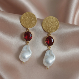 Pendientes de Perlas Barrocas |   Pendientes de Piedras Preciosas, Aretes de Disco con Textura Dorada, Pendientes de Estilo Vintage - Product Image 1