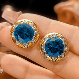 Fashion Eco-friendly <b>Copper</b> Wedding Necklace Sets for Women Jewelry 16-12mm Blue Round Zircon Bridal Pendant Earrings Set - Product Image 5