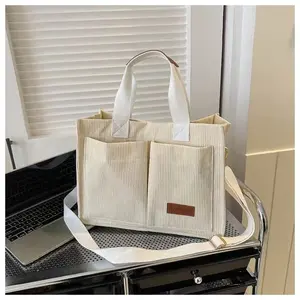 Sac fourre-tout en velours côtelé avec poche latérale et fermeture éclair femmes épaule bandoulière Messenger sac à provisions en velours côtelé