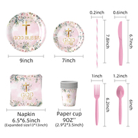 Lot de Fournitures de Fête Personnalisées « Dieu Bénisse » – Assiettes, Gobelets et Serviettes en Papier à Motifs Floraux pour Baptême et Communion