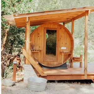 Sauna da Esterno dal Design Moderno, Sauna a Botte a 2 Livelli con Porta in Vetro con Cornice Nera e Accessori - Product Image 1