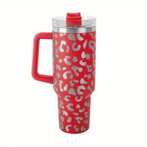 Gobelet isotherme sous vide en acier inoxydable 304 de 40 oz avec motif léopard gravé au laser fluorescent et paille intégrée - Product Image 2