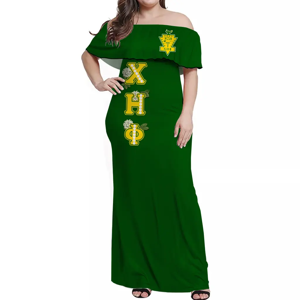Özel Chi Eta Phi Sorority yeşil baskılı lüks abiye kadınlar için Maxi zarif rahat elbiseler toplu moda elbise