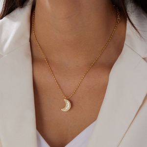 Collana con Ciondolo <span class=keywords><strong>Luna</strong></span> in Acciaio Inossidabile Placcato Oro con Diamanti, Design alla Moda, Gioiello Semplice Tgxl11132 - Product Image 2